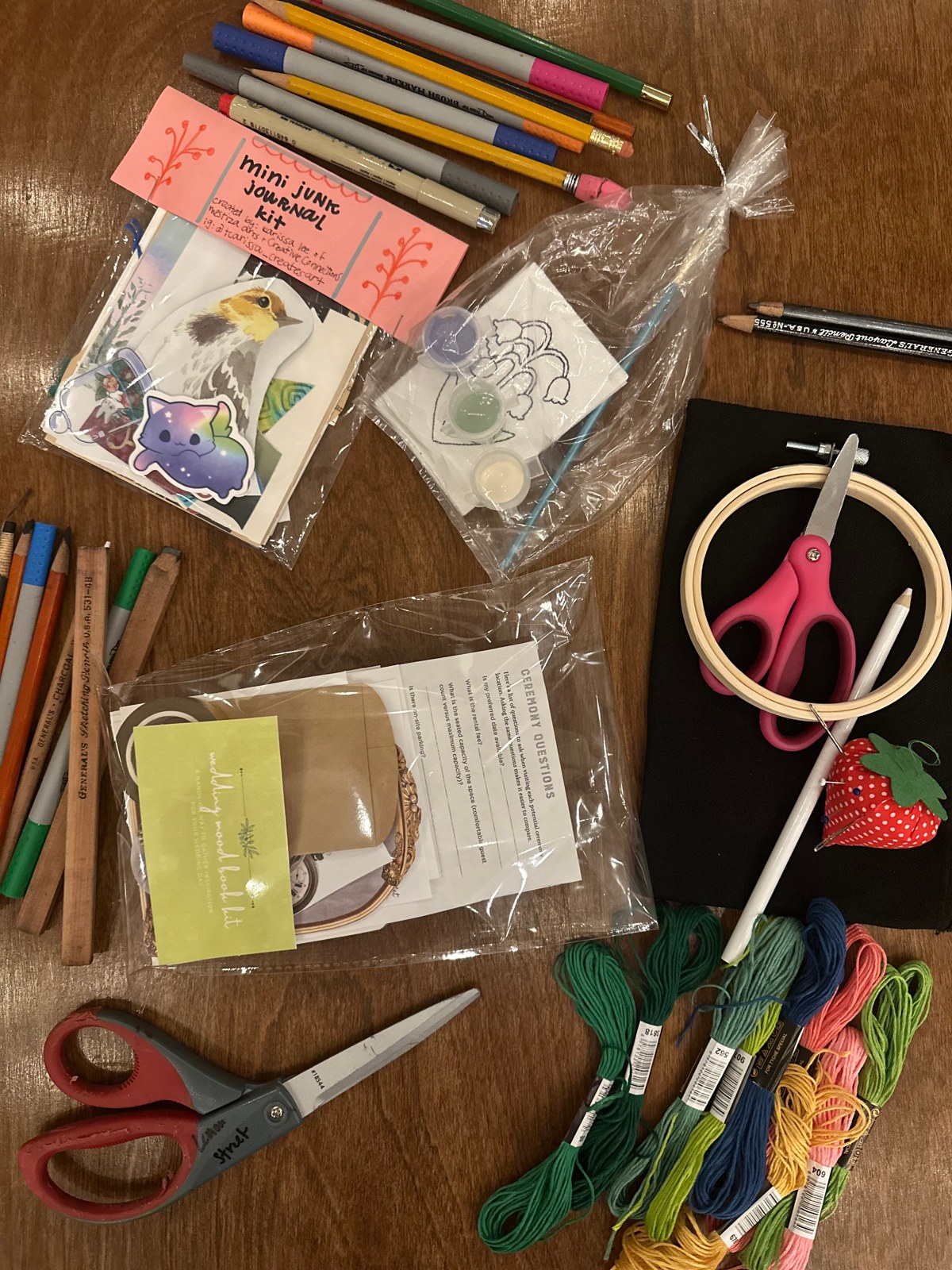 Art kit supplies and materials on a table